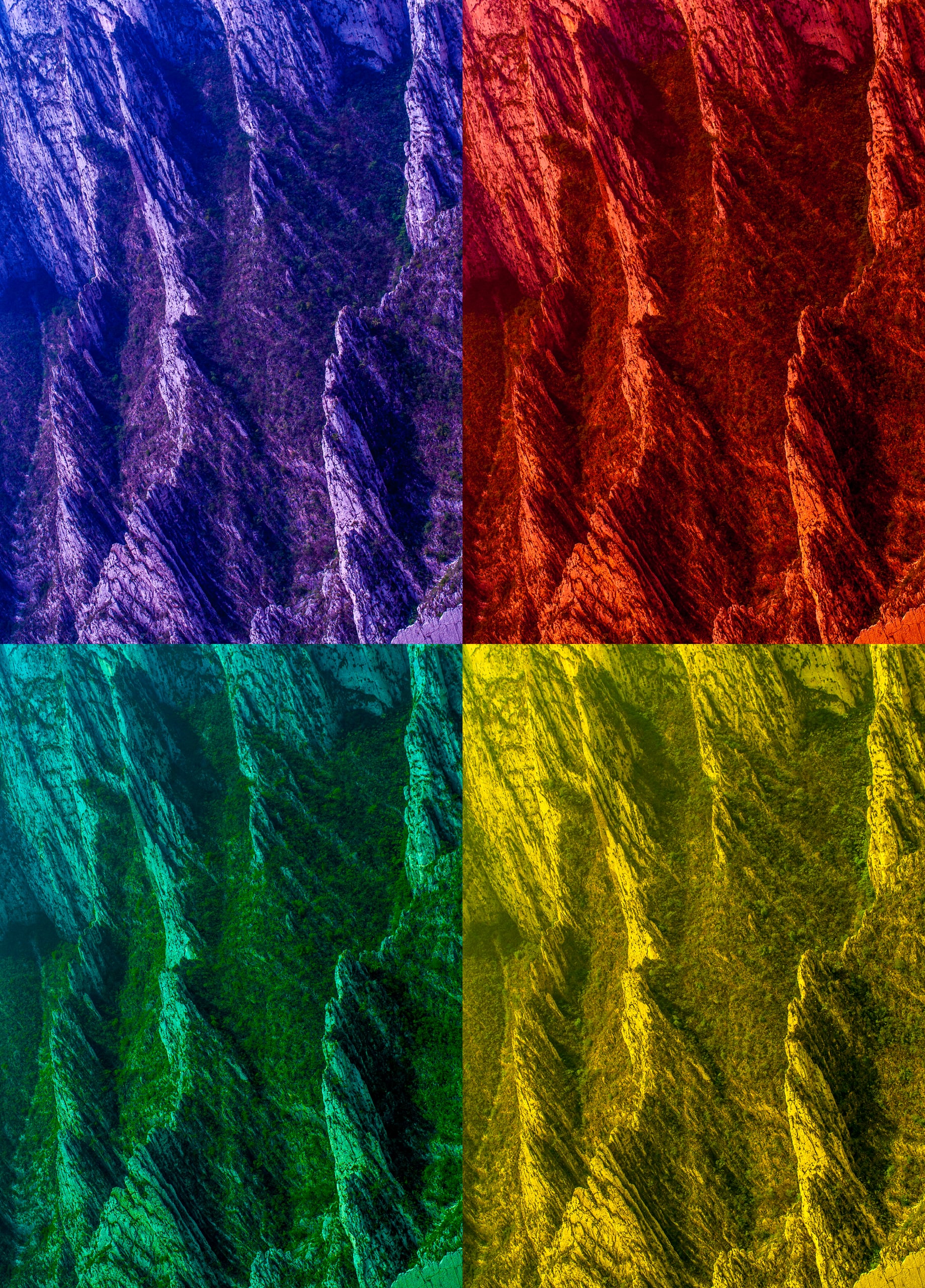 A steep, deeply striated rock face, in four colour treatments