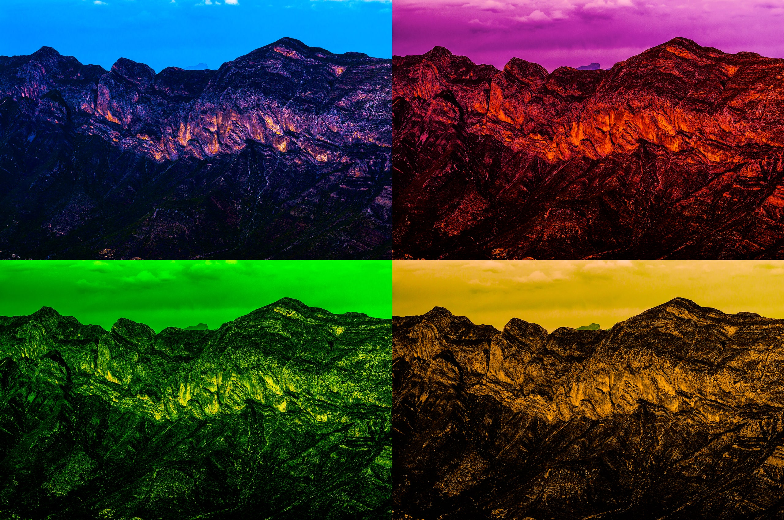 A long mountain range under cloud, in four colour treatments