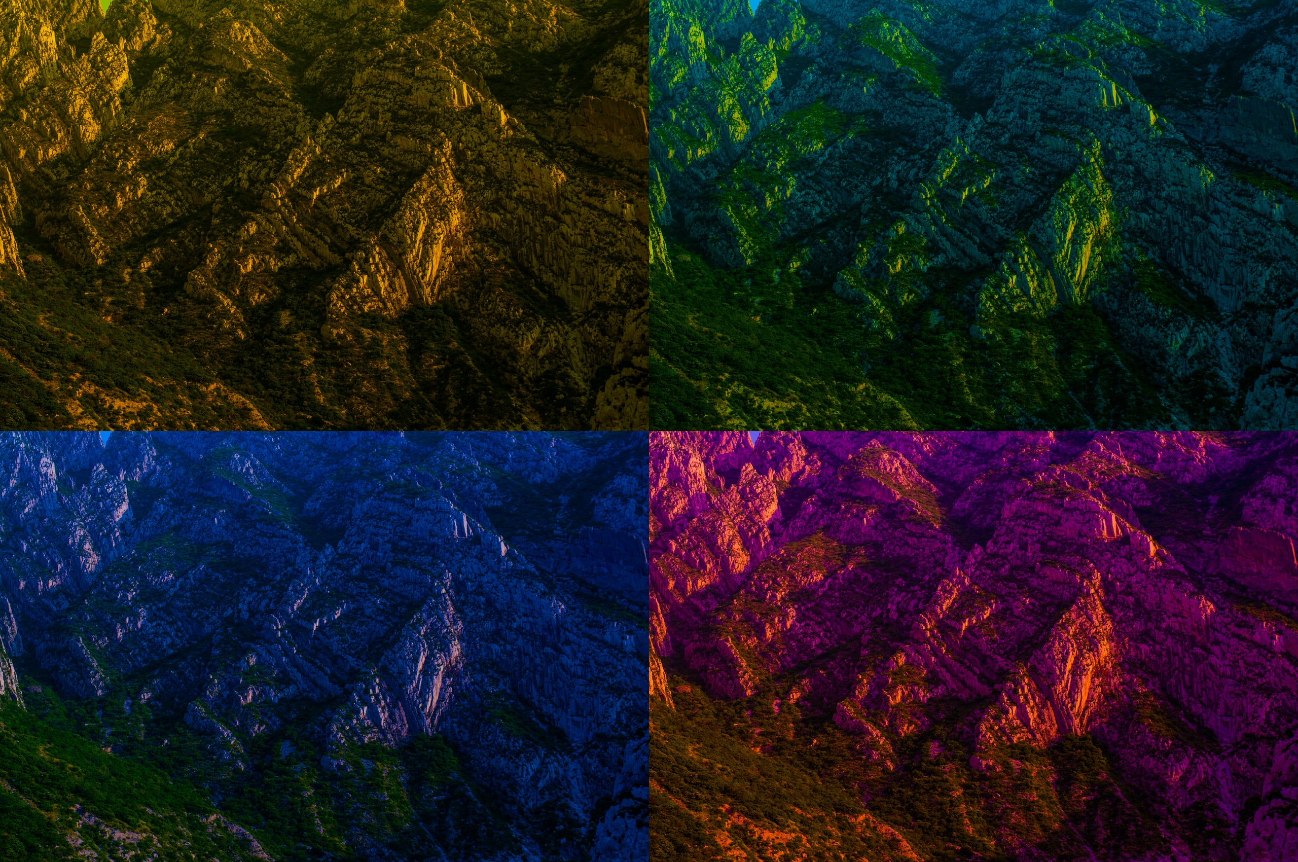 A creased mountainside of ridges and gullies, in four colour treatments