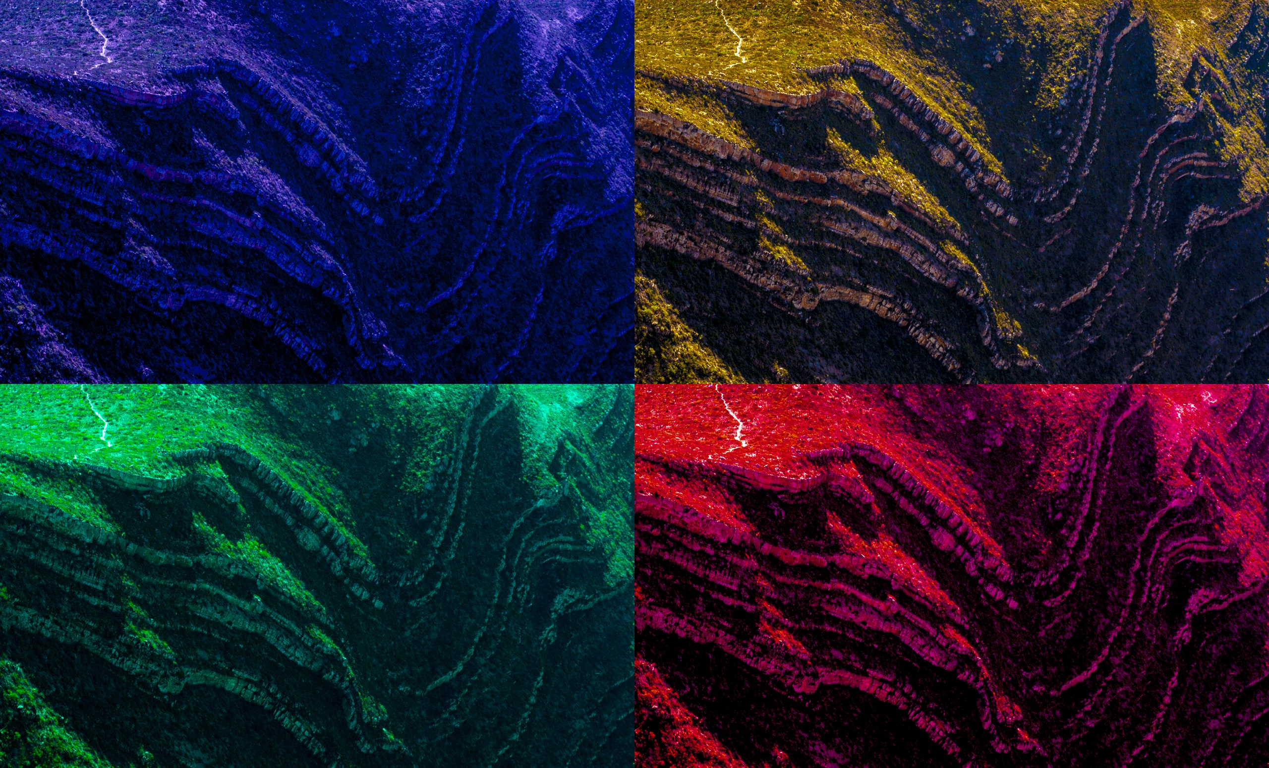 Folded rock strata curving like a breaking wave, in four colour treatments