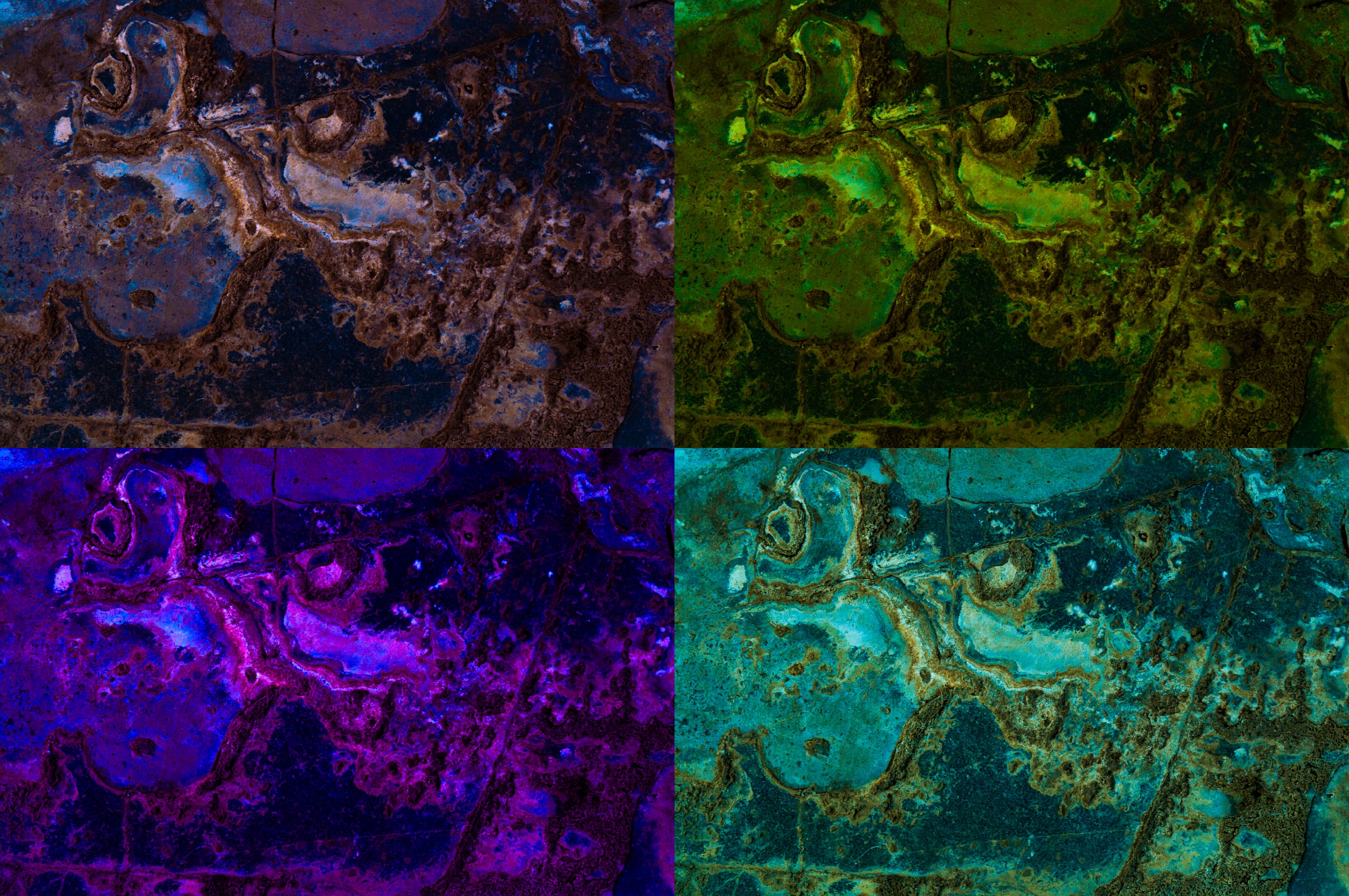 A pitted, weathered rock surface, in four colour treatments