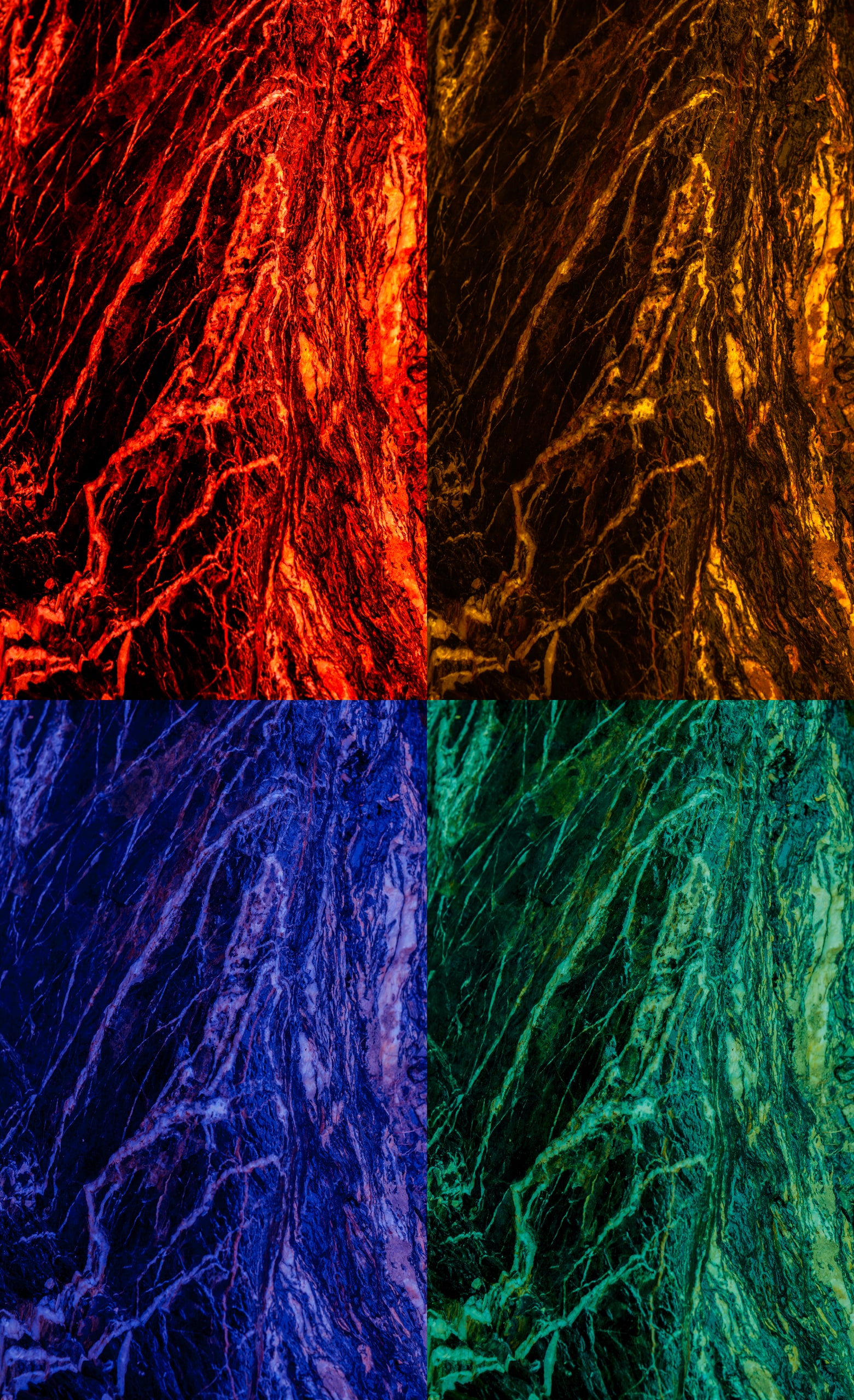 Branching mineral veins running through stone, in four colour treatments